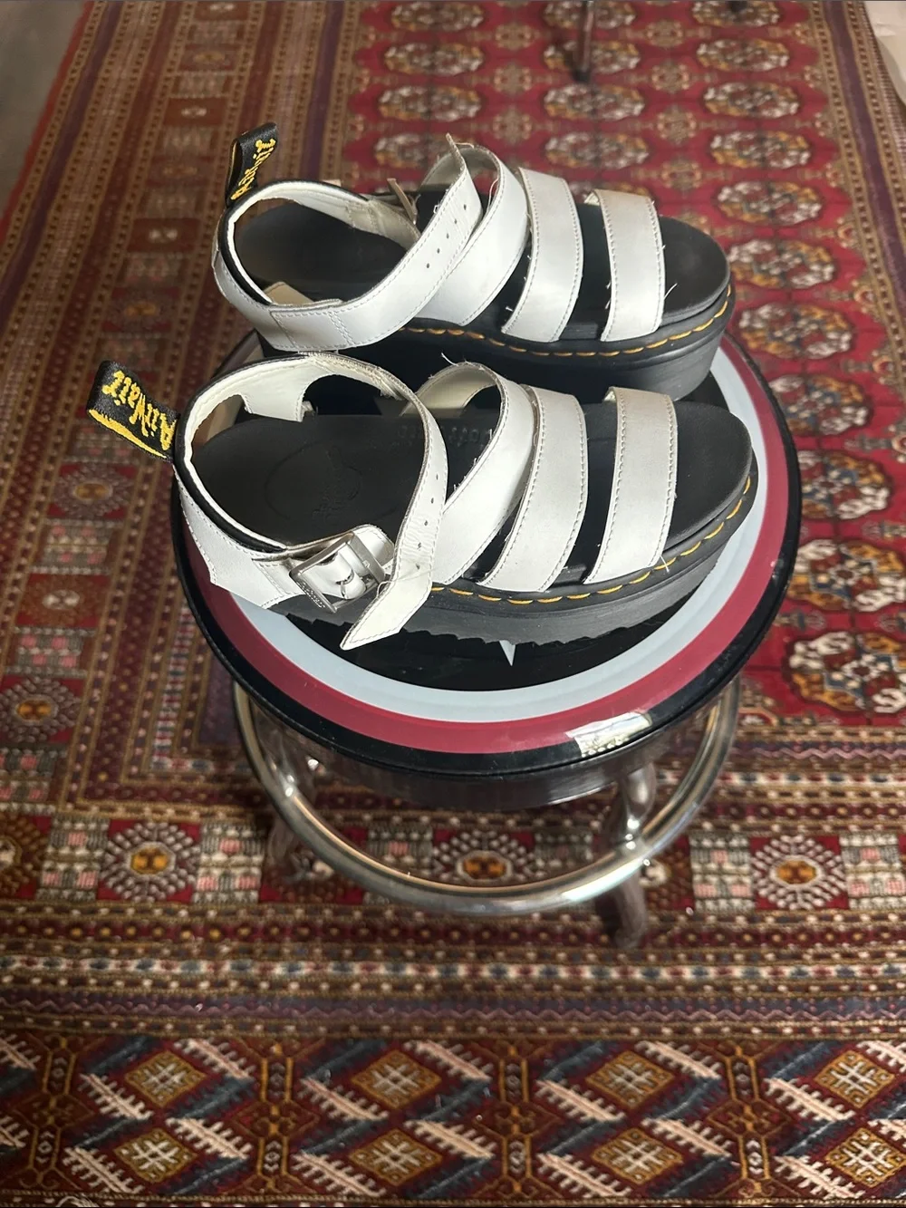 Dr. Martens White Leather Strappy Platform Sandals with Black Sole - Blaire Quad